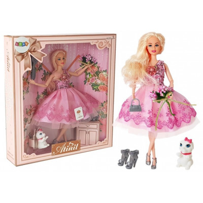 Bábika v plesových šatách, s doplnkami 28 cm - blond, ružová